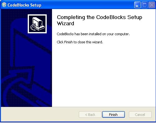 כעת יופיע חלון המודיע כי ההתקנה הסתיימה: לחץ על Finish ההתקנה של Code::Blocks הסתיימה בהצלחה! כעת, יש להתקין את האשף Windows.