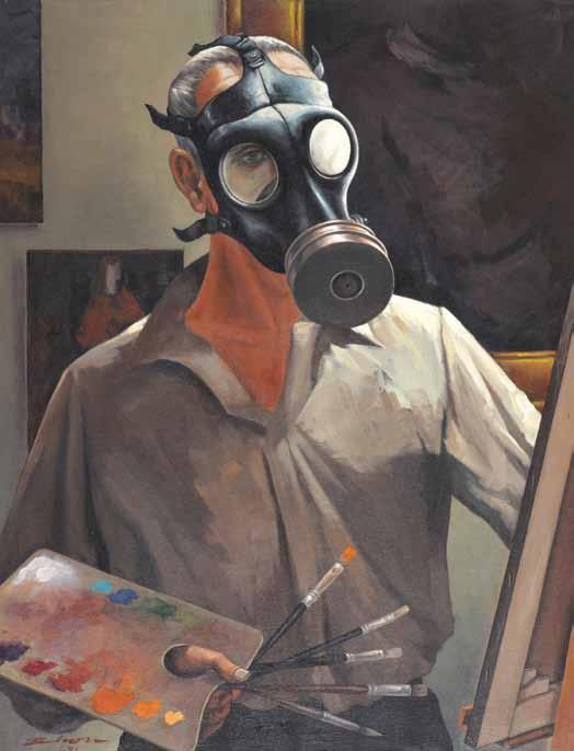 Baruch Elron (1934-2006) An Artist at all Times (Selfportrait, wearing a mask) / 1991 Oil on canvas / 90X70 cm / Signed and dated Literature: The magical World of Baruch Elron, Miriam Or.