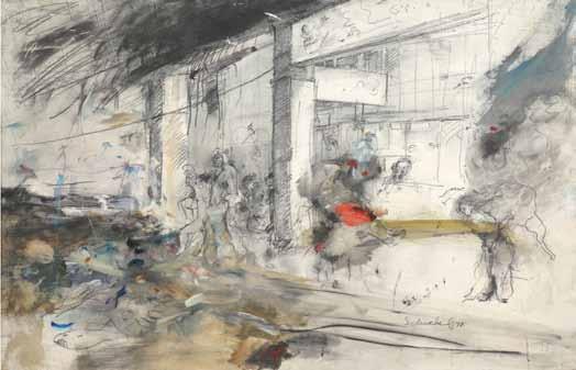 (1932-2011) Ibn Gabirol Street / 1977 / Oil and pencil on board / 53X81 cm Signed and dated $1800-2200 Yair