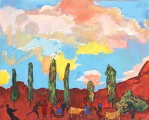 290 גרגואר מישונז )1902-1982( דמויות בנוף / 1970 / שמן על נייר מוצמד לבד / 21X26 ס מ / חתום ומתוארך