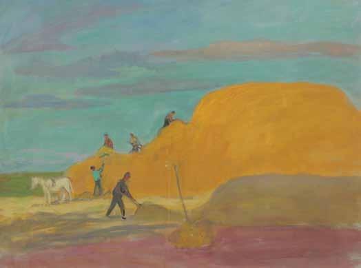 .291 מאיר אקסלרוד )1902-1970( פועלים בגורן / 1961 / טמפרה על נייר 53X70 ס מ / חתום Meir