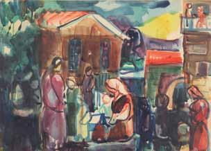 .34 אהרון גלעדי )1907-1993( דמויות בכפר / צבע מים על נייר 49X69 ס מ / חתום Aharon
