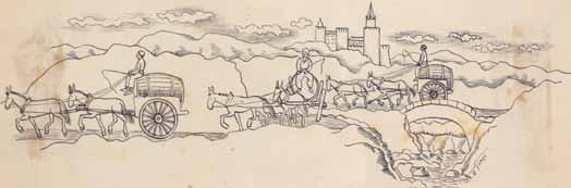 40.40 יוחנן סימון )1905-1976( כרכרות / שנות ה- 40 / עט על נייר 8X25 ס מ / חתום Yochanan Simon (1905-1976) Carriages / 1940s / Pen on