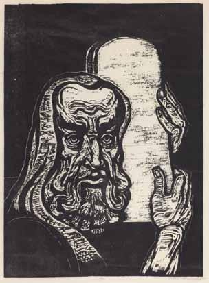 49 יעקב שטיינהרט )1887-1968( משה ולוחות הברית / 1955 / חיתוך עץ 49X36 ס מ / חתום, מתוארך וממוספר 6/20 ספרות: The Woodcuts of Jacob.