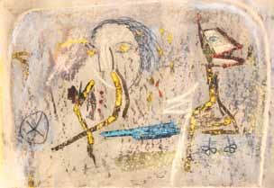 Ofek (1935-1990) Figures and a Bull / Mixed media on paper / 30X34 cm / Signed 76 אהרן