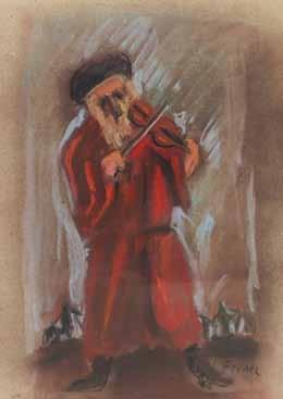 .85 יצחק פרנקל - פרנל )1899-1981( נגן כינור / פסטל על נייר / 46X32 ס מ חתום Yitzhak Frenkel - Frenel