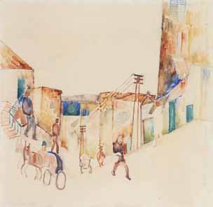 A Building in Nahalat Shiv a Watercolor on paper / 15X11 cm Signed Both are stamped with the stamp of Meir Gur Arie and Zeev Raban s