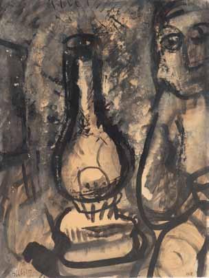 .113 אוזיאש הופשטטר )1905-1995( עששית / 1958 / דיו על נייר 43X32 ס מ / חתום ומתוארך ספרות ותערוכה: 12 אמנים - מבט שני, מוזיאון תל-אביב