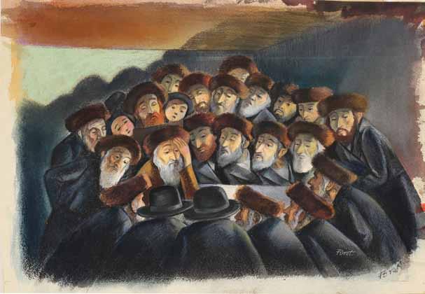 197. ב'ט י ש' אצל האדמו"ר זיגמונד פורסט At the Rebbe's Tisch ]ב'ט י ש' אצל האדמו"ר[. פסטל וצבע מים על נייר, 23x48.5 ס"מ. חתום )פעמיים(.