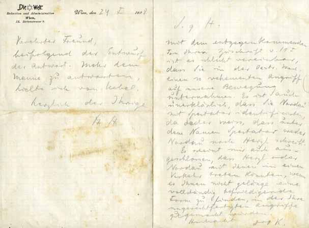 הרצל 1. תיאודור הרצל מכתב בכתב-יד וינה, 1898 תיאודור הרצל, טיוטת מכתב בכתב-יד, על נייר מכתבים רשמי של מערכת עתון Welt"."Die וינה, 24 בינואר 1898. גרמנית. שני עמודים בכתב ידו של הרצל, בעפרון.