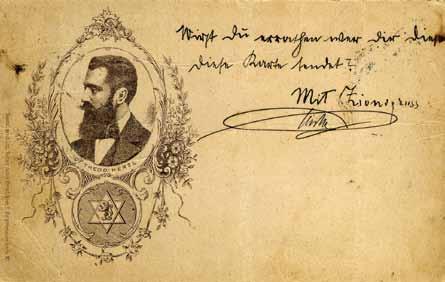 printed by Max Victor, Cologne, with portraits of Herzl and Nordau, mailed in 1900; postcard printed by Salamon Zweibel, Narajow, Galicia; postcard printed by Ramler's Postkarten Verlag, Horodenka;