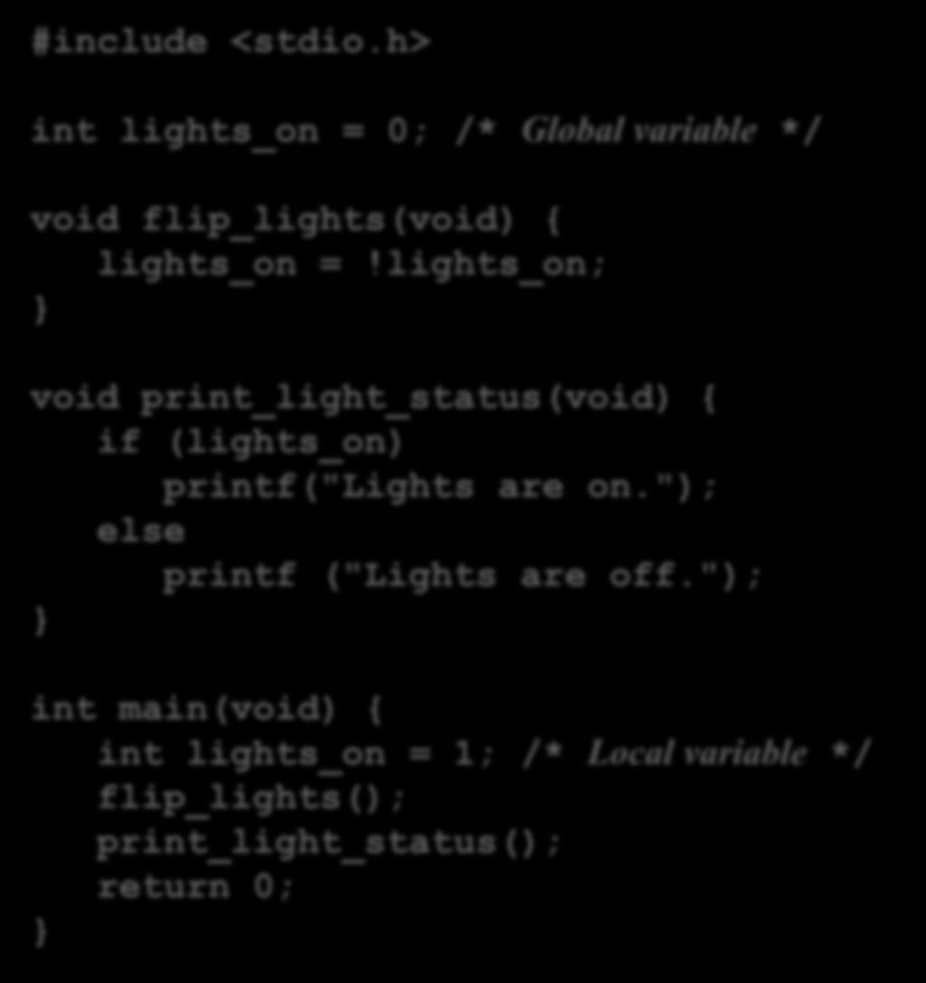 דוגמה: שימוש במשתנים גלובליים #include <stdio.h> int lights_on = 0; /* Global variable */ void flip_lights(void) { lights_on =!