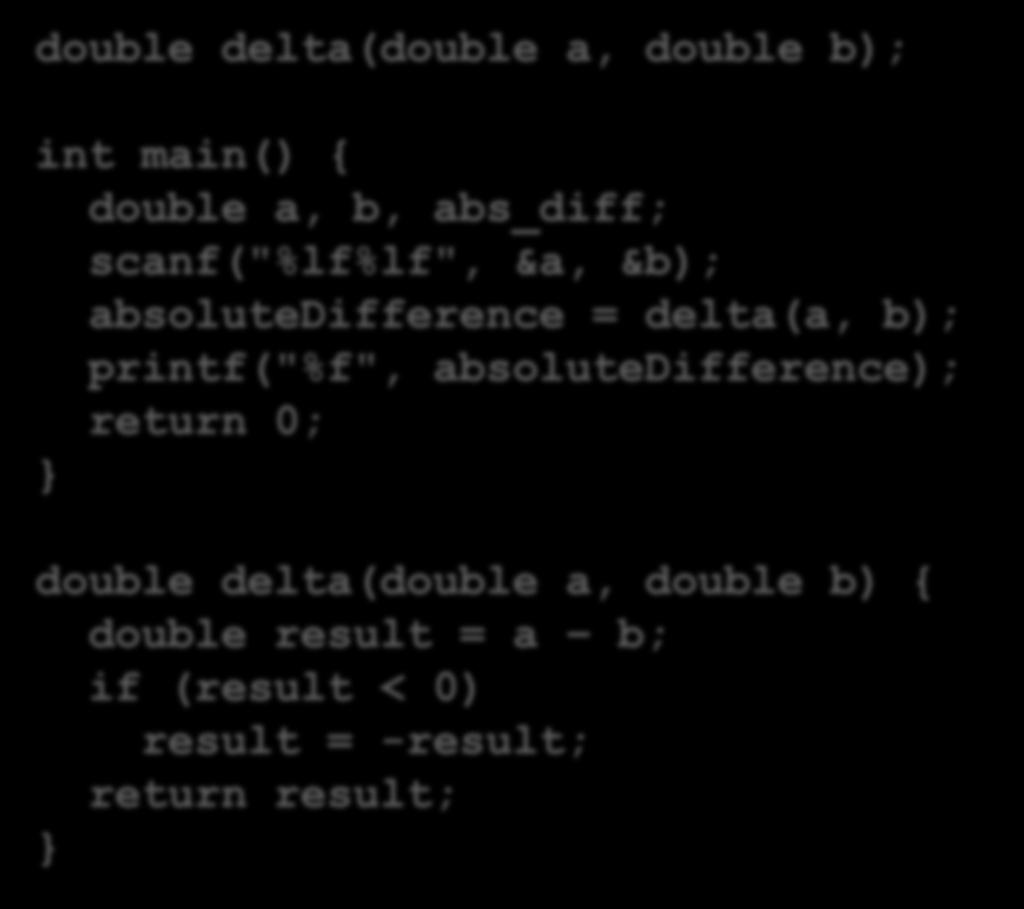 שימוש בפונקציה הכרזה על הפונקציה double delta(double a, double b); int main() { שימוש בפונקציה double a, b, abs_diff; scanf("%lf%lf", &a, &b); absolutedifference =