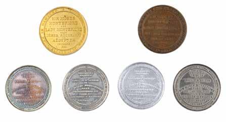 169. שש מדליות משה מונטיפיורי 1-2. שתי מדליות, נטבעו לכבוד חזרתו של מונטיפיורי ממצרים. המבורג, 1841. פנים: סמל משפחת מונטיפיורי. מסביב הכיתוב העברי "למען אחי ורעי אדברה נא שלום בך.