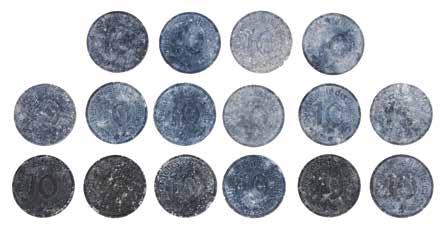 186 186. Collection of 10 Pfennig coins from the Lodz Ghetto Experimental Type 16 coins in the value of 10 Pfennig, from the Lodz Ghetto, 1942. Aluminum and magnesium alloy.