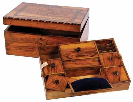 Inside the box are small compartments for storing sewing supplies and a velvet pillow. The top tray is removable and has an additional storing compartment under it.