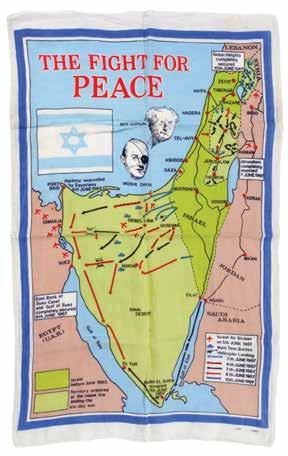 253. מפת בד - מלחמת ששת הימים - The Fight for Peace מפת בד המציגה את תוצאות מלחמת ששת הימים. ]ישראל או ארה"ב, 1967[. בד פשתן; הדפסה.