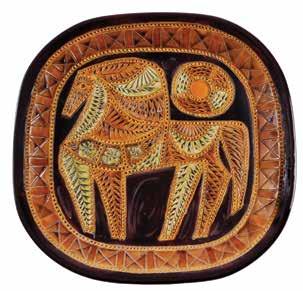 Opening Price: $300 262. Plate Genia Berger Round ceramic plate, created by Genia Berger. In the center a woman and two deer. Painted and glazed clay. Signed. Diameter: 31 cm. Opening Price: $200 261.
