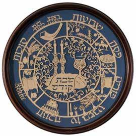 32. מגזרת נייר - חגי ישראל ומועדיו מגזרת נייר עגולה, בנושא חגי ישראל ומועדיו. ]ישראל או ארצות הברית[, תשמ"ה 1985. חתומה ומתוארכת. במרכז המגזרת נרות שבת, גביע לקידוש וחלה, עם הכיתוב "שבת קודש".