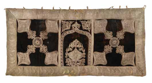 66 66. Torah Mantle - Central Europe, 1892 Torah mantle. Central Europe, 1892. Silk, cotton and Gold thread, applique on cardboard. Embroidered with a floral border.