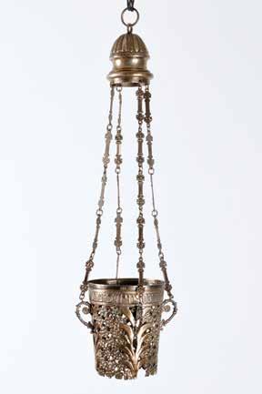 אורך )כולל השרשראות(: 64 ס"מ. 79 פתיחה: $400 78 79. Silver Synagogue Lamp North Africa Synagogue lamp. North Africa, 1938. Silver hammered and cut.
