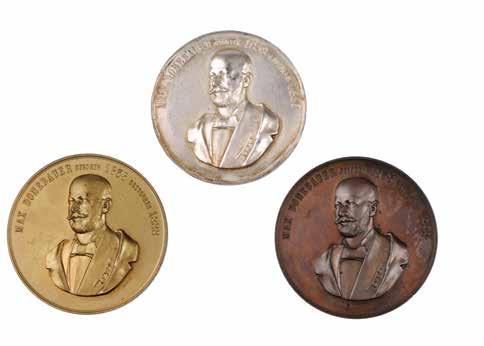 147 147. Three Medals Max Donebauer Prague Three medals in memory of the coins collector Max Donebauer (1838-1888). Two medals are made of bronze and one is made of silver (marked).