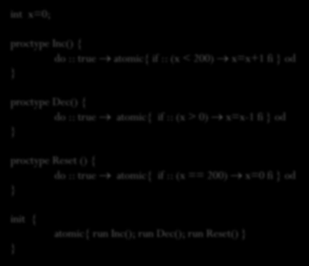 32 תיקון השגיאה int x=0; proctype Inc() { do :: true atomic{ if :: (x < 200) x=x+1 fi } od } proctype Dec() { do :: true atomic{ if :: (x >
