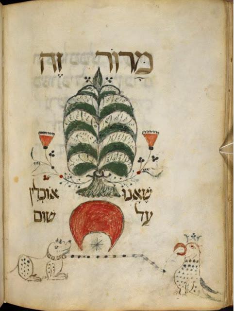Adapted from Evelyn Cohen s description in the facsimile volume: Verso, The scribe left almost the whole of the page for a depiction of the bitter herbs, but the crude illustration we now see was not