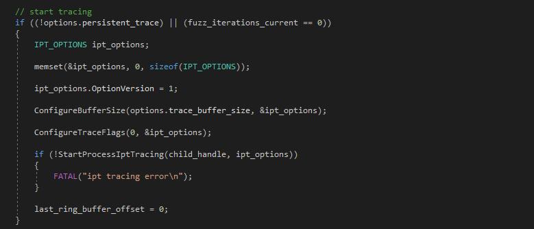 ה- target אפשור trace קרנלי בקוד של WinAFL נבחן את הפונקציה run_target_pt שתפקידה להריץ בצורה מחזורית את עליה מבצעים את ה- fuzzing (: )הפונקציה function הפונקציה ConfigureTraceFlags מקנפגת את הדגלים