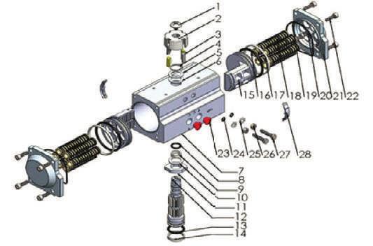 מפעילים פנאומטיים Actuator-HTS052~092 Pneumatic מפעיל פנאומטי אויר-קפיץ HTS052 ~ 092 Item Description Material Protection Q'ty Optional 1 Screw ABS+304 1 2 Indicator Plastic 1 3 Indicator Pin ABS 4 4