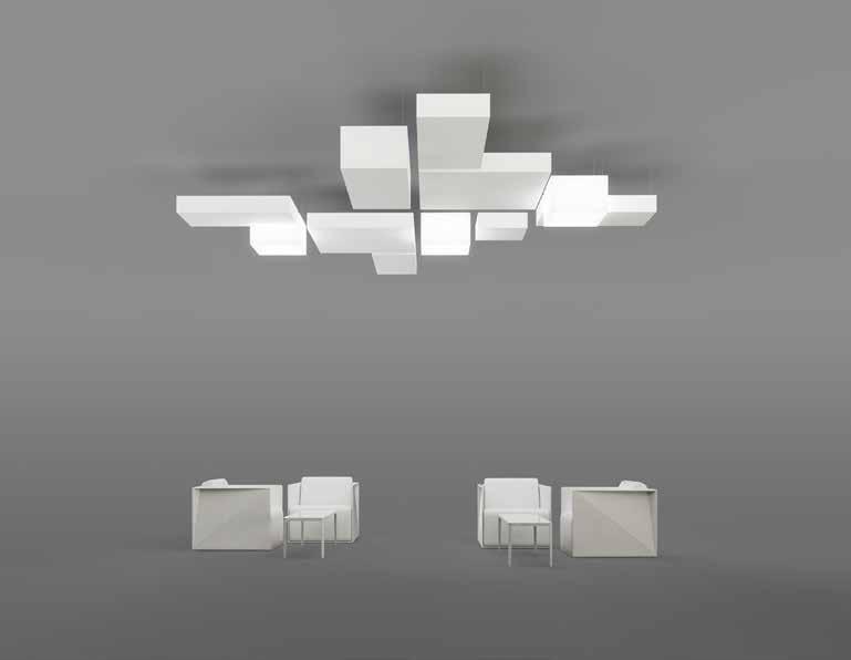 CANOPY 3D גופים תלויים בנפח וגובה משתנים תיאור כללי אריחים אקוסטיים תלת מימדיים לבנים, תלויים על כבלי מתכת יישומים בתי קפה חדרי ישיבות חללי עבודה מסעדות משרדים כיתות לימוד אולמות תצוגה ועוד תכונות
