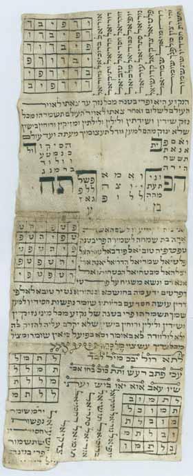 מצב טוב-בינוני, סימני קיפול הקמיע, עם פגיעות קלות בקלף וכתמים, חלק מהטקסט דהוי ומעט מחוק. 13. קמיע קלף בקיפול משולש קמיע על קלף, עם צירופי-שמות ולחשים לשמירה ולרפואה. [ארצות המזרח, ראשית המאה ה- 20 ].