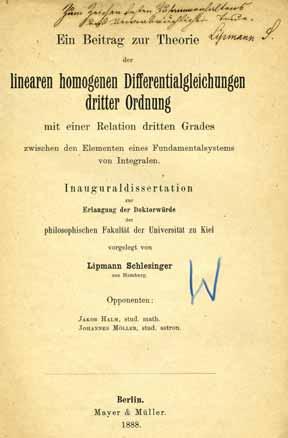 531. Doctoral Dissertation in Mathematics by the Ga on Rabbi Lipmann Schlesinger Berlin, 1888 Ein beitrag zur theorie der linearen homogenen differentialgleichungen dritter ordnung, doctoral
