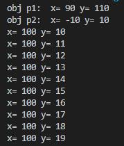 p1.x=100 p1.y=100 p1.addx(-10) p1.addy(10) print("obj p1: x=",p1.x,"y=",p1.y) p2=mypoint() p2.addx(-10) p2.addy(10) print("obj p2: x=",p2.x,"y=",p2.