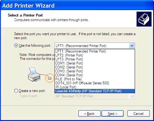 אם המחשב כבר מחובר ל- MFP, תחת Select a Printer Port (בחר יציאה למדפסת), בחר Use the following port (השתמש ביציאה הבאה)..6 הערה: אם המחשב אינו מחובר ל- MFP, עבור לשלב 8.