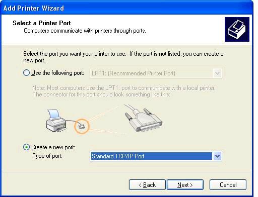 אם המחשב אינו מחובר ל- MFP, בחר Create a new port (צור יציאה חדשה) תחת Select a Printer Port (בחר יציאה למדפסת).