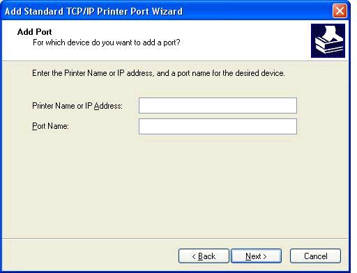 תחת Add Port (הוספת יציאה), הקלד את שם מדפסת ה- MFP או את כתובת ה- IP בתיבת הטקסט Printer Name or IP Address (שם או כתובת IP של המדפסת) ולאחר מכן לחץ על Next (הבא).