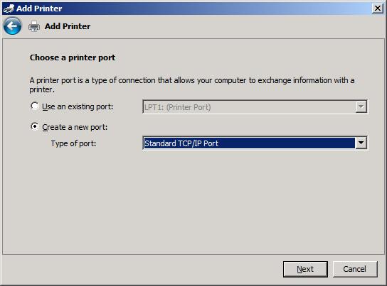 אם המחשב אינו מחובר ל- MFP, בחר Create a new port (צור יציאה חדשה) תחת Choose a printer port (בחר יציאה למדפסת).