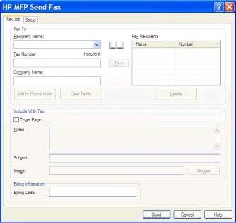 אם מאפיין קוד החיוב מופעל, הקלד את קוד החיוב תחת Billing Information (פרטי החיוב) בתיבת הדו-שיח.HP MFP Send Fax ניתן לשנות את קוד החיוב עבור כל עבודת פקס.