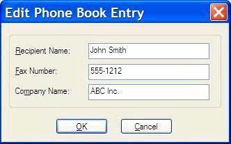 תיבת הדו- שיח Edit Phone Book Entry (עריכת רשומת פנקס טלפונים) תיפתח ותציג את פרטי איש הקשר הנוכחיים. ערוך את שם הנמען, מספר הפקס ושם החברה לפי הצורך ולחץ על OK (אישור).