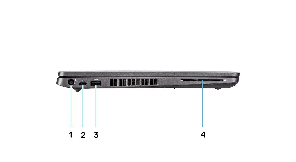 מבט משמאל.2 יציאת USB Type-C 3.1 דור 2 עם DisplayPort/Thunderbolt 1. יציאת מחבר חשמל 4. קורא כרטיסים חכמים (אופציונלי).3 יציאת USB 3.