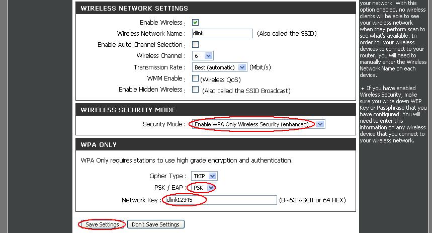 אבטחת רשת אלחותית הצפנת WPA בתחתית מסך הגדרות הרשת האלחוטית (המסך הבא) בשדה של Security Mode יש לבחור :(Enable WPA Only Wireless Security (enhanced בדף הגדרות WPA שייפתח למטה יש לקבוע ולהזין סיסמת