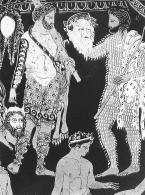 מצידם מוצגים המשתתפים המבוגרים שלושת השחקנים הלבושים כאן כמלך, כהרקלס וכסילנוס, והמחזיקים בידיהם את מסיכותיהם. מצידם ובחלק התחתון מוצגים שחקני המקהלה, כולם עם מסיכות של סאטירים.
