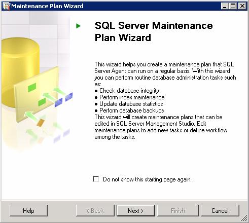 חלון מס' 5: בחלון הכניסה ל- Wizard' 'SQL Server Maintenance Plan יש ללחוץ על הכפתור.
