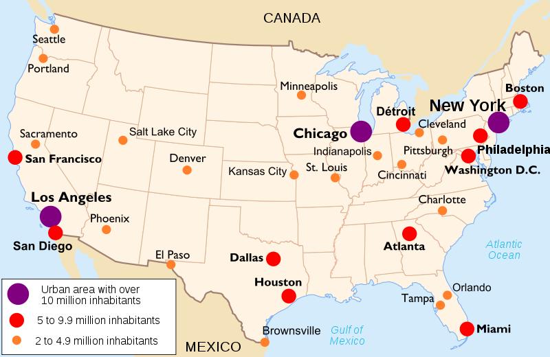 4. יישובים עירוניים וכלכלה לפניך מפה המציגה את תפרוסת היישובים הגדולים מ 2 הברית. מיליון תושבים בארצות א. עיין במפה.