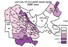 ממוצע נפשות למשק בית הגבוה ביותר נמצא במרכז העיר התחתית וגם בקרית שמואל, בשאר אזורי העיר התחתית ובציר אבא חושי.