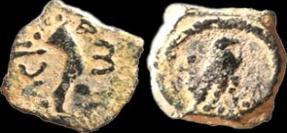 הורדוס טבע במקביל מטבעות עליהם שילוב דגמי חשמונאים, עם מוטיבים של קרן שפע 1 עוגן, כאשר בין קרני השפע