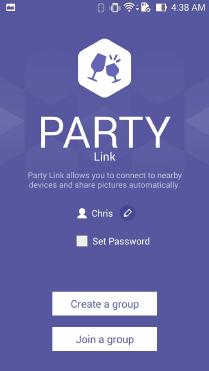 3. )אופציונלי( במסך הבית של Party Link )קישור למסיבה(, קבע את הפריטים הבאים: הקש כאן כדי ליצור שם קבוצה חדשה עבור.ZenFone הקש כאשר אם תרצה להגן על הגישה אל הקבוצה שלך בסיסמה. 4.