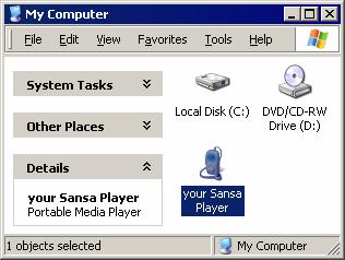 חיבור למחשב כדי לחבר את נגן Sansa למחשב, בצע את ההוראות הבאות: 1. חבר את הקצה הקטן יותר של כבל ה- USB לשקע USB פנוי במחשב. 2. חבר את הקצה הגדול יותר של כבל ה- USB למחבר העגינה של הנגן. 3.