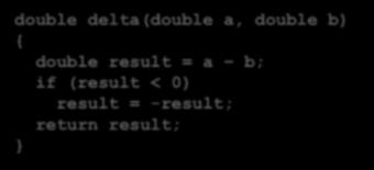 double delta(double a, double b) double result = a b; if (result < 0) result = -result; return result; 6 שם הפונקציה הטיפוס המוחזר ע"י הפונקציה מופיע לפני שמה.